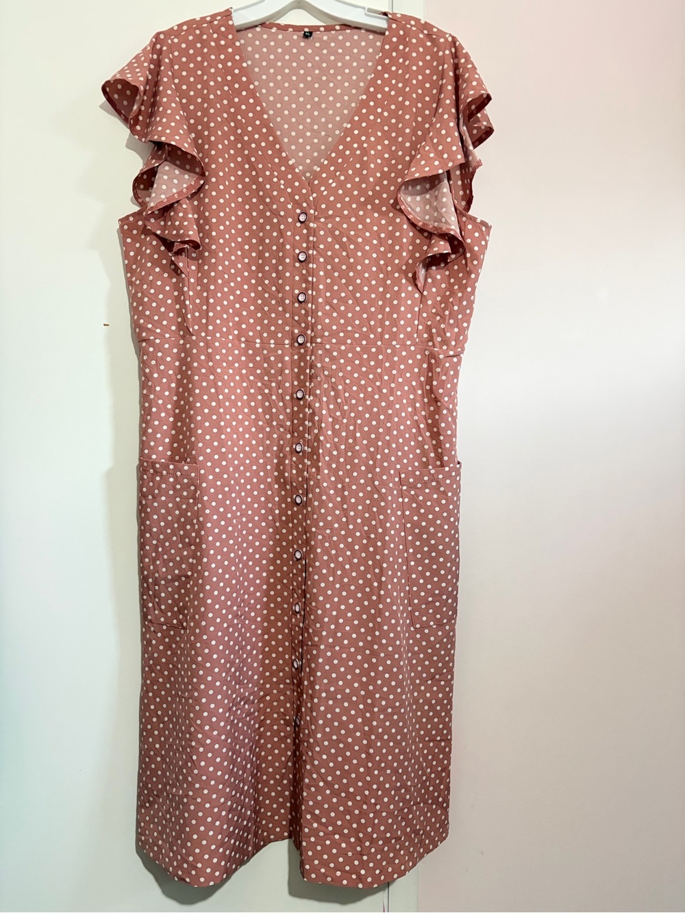 Polka Dot Ruffle Sleeve Button-Front Dress - Pink size XL